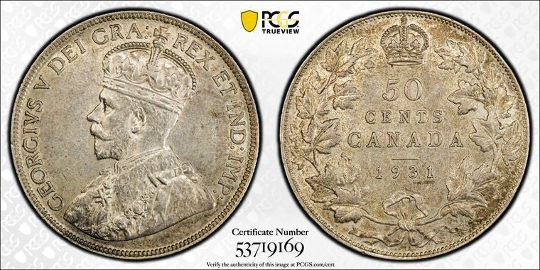 1931 Canada 50 Cents PCGS AU58 Lot#G3679 Silver! Low Mintage