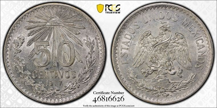 1917-M Mexico 50 Centavos PCGS MS62 Lot#G4154 Silver! Nice UNC! Narrow Date