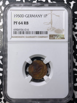 1950-D West Germany 1 Pfennig NGC PR64RB Lot#G8713 Choice UNC!