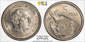 1957 (68) Spain 5 Pesetas PCGS MS62 Lot#G892 Nice UNC!
