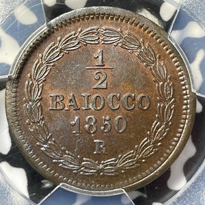 1850-R Papal States 1/2 Baiocco PCGS MS64BN Lot#G8238 Top Graded! KM#1355