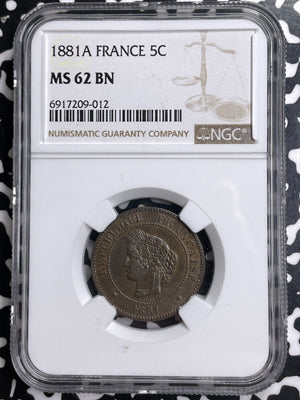 1881-A France 5 Centimes NGC MS62BN Lot#G9578 Nice UNC!