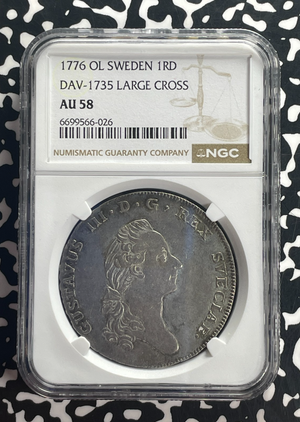 1776-OL Sweden 1 Riksdaler NGC AU58 Lot#G814 Large Silver! DAV-1735 Large Cross