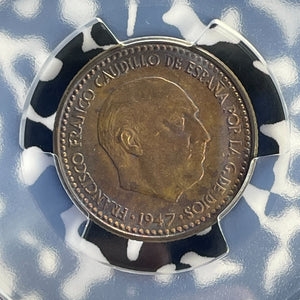 1947 (56) Spain 1 Peseta PCGS AU55 Lot#G918 Key Date!