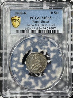 1868-R Papal States 10 Soldi PCGS MS65 Lot#G8190 Silver! Gem BU! KM#1376