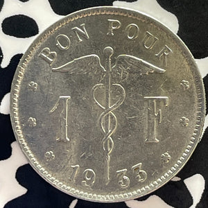 1933 Belgium 1 Franc Lot#T3033 High Grade! Beautiful! Better Date, KM#89