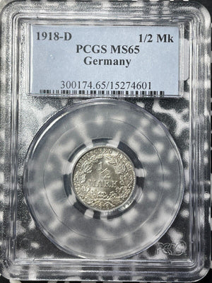 1918-D Germany 1/2 Mark PCGS MS65 Lot#G8859 Silver! Gem BU!