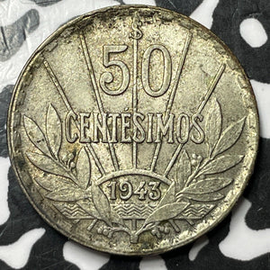 1943 Uruguay 50 Centesimos Lot#D7894 Silver! High Grade! Beautiful!
