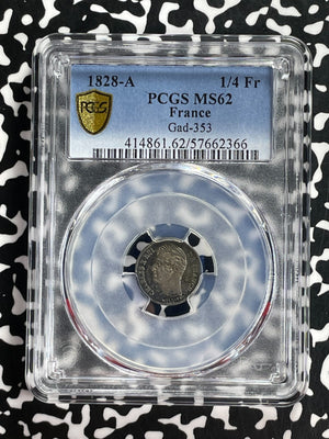 1828-A France 1/4 Franc PCGS MS62 Lot#G855 Silver! Nice UNC! Gad-353