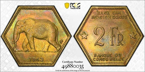 1943 Belgian Congo 2 Francs PCGS MS63 Lot#G8097 Choice UNC! Elephant