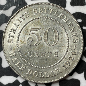 1920 Straits Settlements 50 Cents Lot#D9831 Silver! High Grade! Beautiful!