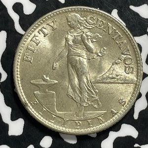 1945-S U.S. Philippines 50 Centavos Lot#C0702 Silver! High Grade! Beautiful!