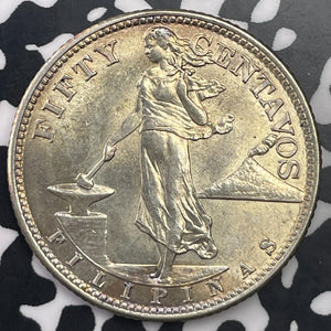 1944-S U.S. Philippines 50 Centavos Lot#C1388 Silver! High Grade! Beautiful!