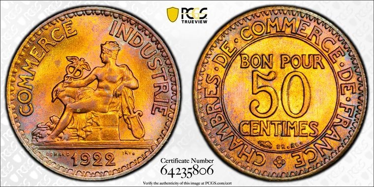 1922 France 50 Centimes PCGS MS65 Lot#G4056 Gem BU! Beautiful Toning! Gad-421