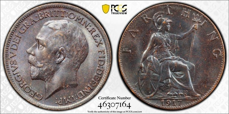 1917 Great Britain Farthing PCGS MS64 Lot#G2183 S-4059 Blackened Finish