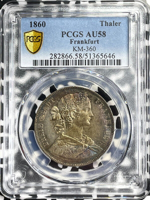 1860 Germany Frankfurt 1 Thaler PCGS AU58 Lot#G9614 Silver! KM#360