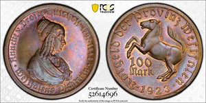1923 Germany Westphalia 100 Mark Notgeld PCGS MS64BN Lot#G698 Beautiful Toning!