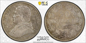 1859-R Papal States 20 Baiocchi PCGS MS63 Lot#G8187 Silver! Choice UNC! KM#1360