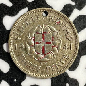 1941 Great Britain 3 Pence Threepence Lot#E1843 Silver! Holed