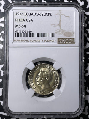 1934-Phila Ecuador 1 Sucre NGC MS64 Lot#G9489 Silver! Choice UNC!