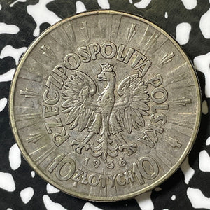 1936 Poland 10 Zlotych Lot#E4895 Large Silver Coin!