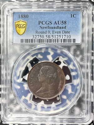 1880 Newfoundland Large Cent PCGS AU58 Lot#G9268 Round '0' Even Date