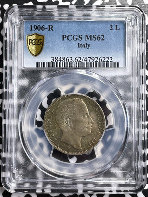 1906-R Italy 2 Lire PCGS MS62 Lot#G7312 Silver! Nice UNC!