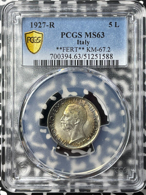 1927-R Italy 5 Lire PCGS MS63 Lot#G9177 Silver! Choice UNC!