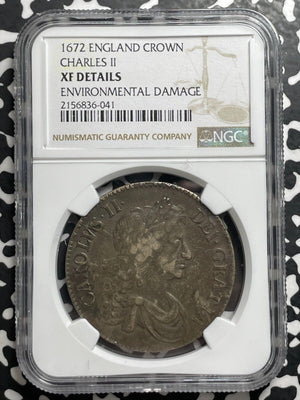 1672 G.B. Charles II 1 Crown NGC Environmental DMG-XF Details Lot#G8518 Silver!