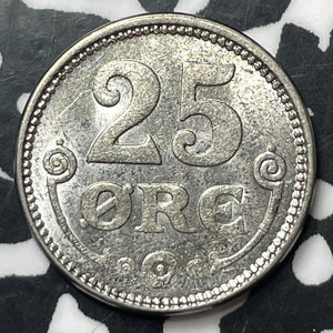 1918 Denmark 25 Ore Lot#E7160 Silver! High Grade! Beautiful!