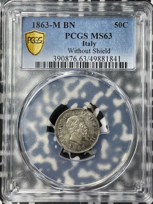 1863-M BN Italy 50 Centesimi PCGS MS63 Lot#G8221 Silver! Choice UNC!