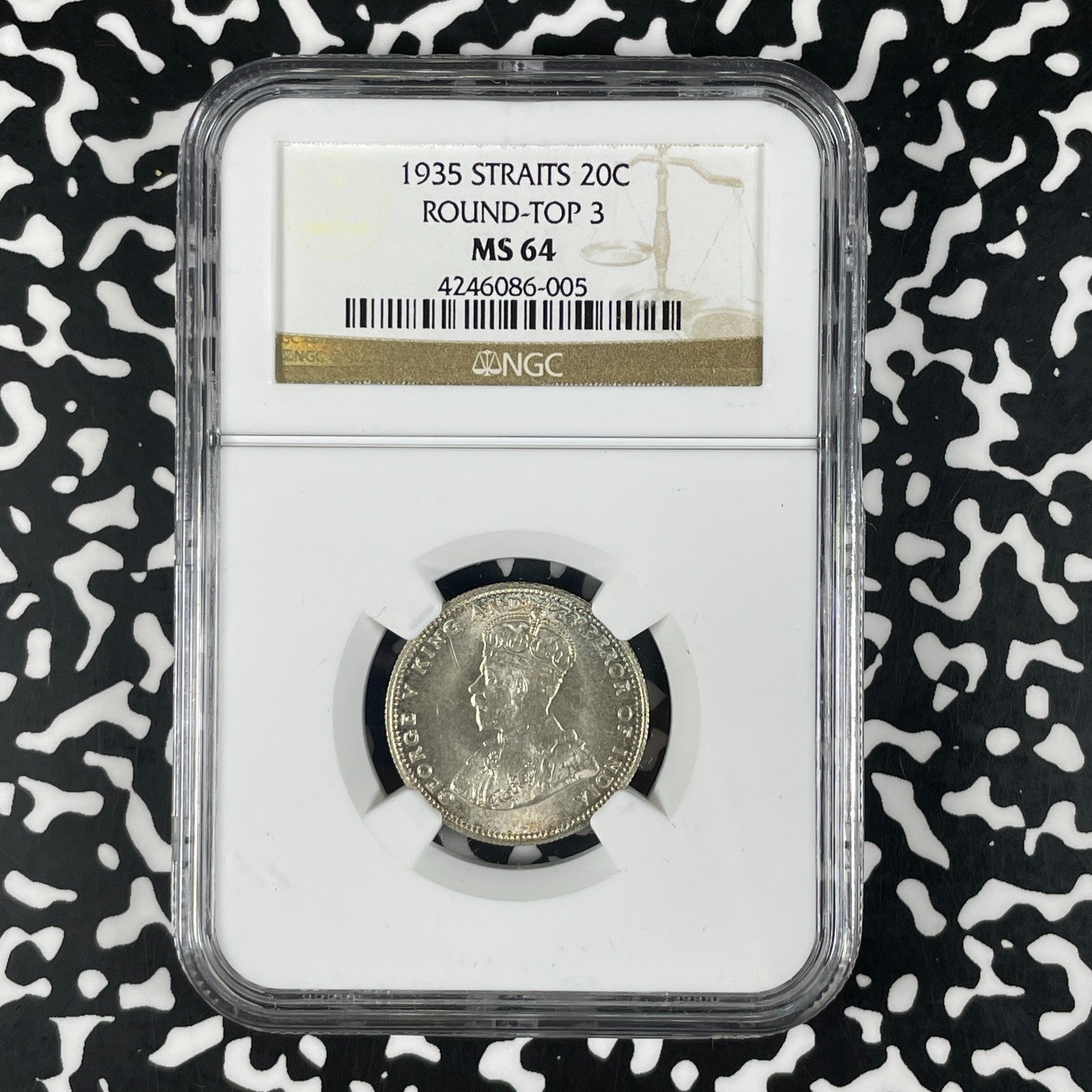 1935 Straits Settlements 20 Cents NGC MS64 Lot#G2053 Silver! Round Top '3'