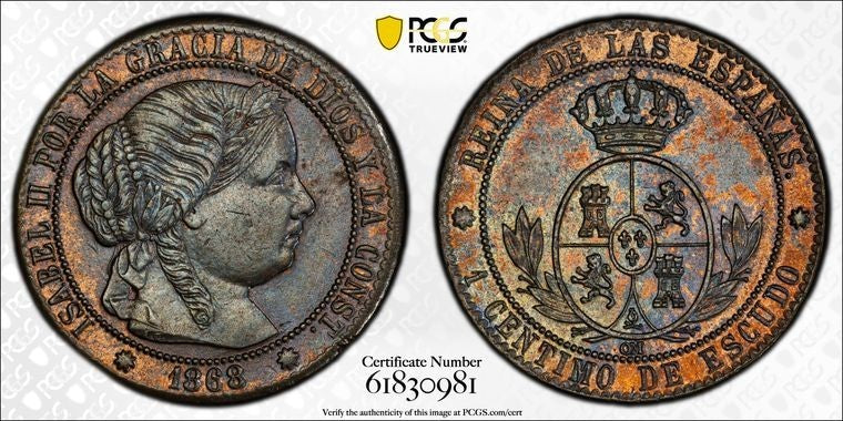 1868-OM Spain 1 Centimo PCGS MS63BN Lot#G3519 Choice UNC! 8 Point Star KM#633.1