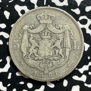 1881 Romania 5 Lei Lot#JM9982 Large Silver!