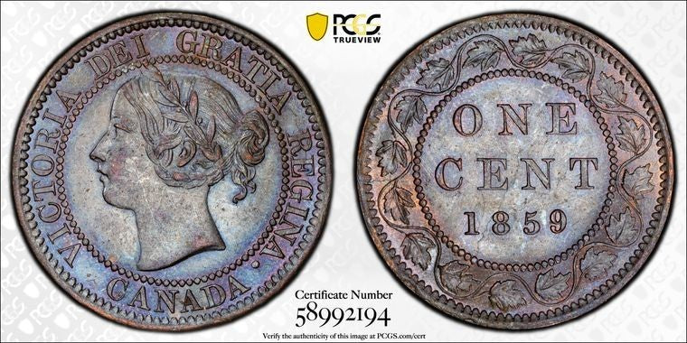 1859 Canada Large Cent PCGS MS62BN Lot#G3976 Nice UNC! Narrow '9' Variety