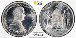 "1930"-BP Hungary 5 Pengo PCGS PR66 Lot#G916 Silver! Proof! Restrike KM#512.2