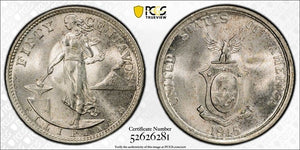 1945-S U.S. Philippines 50 Centavos PCGS MS65+ Lot#G1058 Silver! Gem BU!