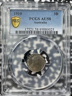 1910 Australia 3 Pence Threepence PCGS AU58 Lot#G8089 Silver!