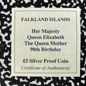 1990 Falkland Islands Queen Mother 90th £5 Pounds Lot#B2615 Silver! Proof!