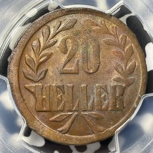 1916-T German East Africa 20 Heller PCGS MS62BN Lot#G8129 Nice UNC! Copper