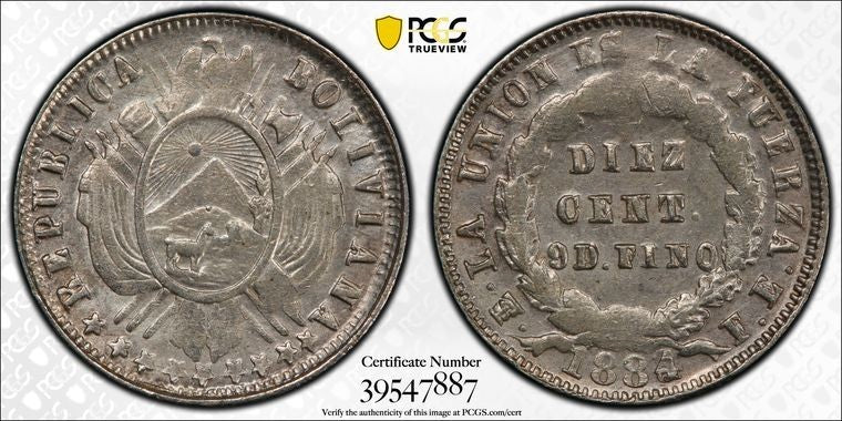 1884/3-PTS FE Bolivia 10 Centavos PCGS AU55 Lot#G2095 Silver! KM#158.4 Scarce!