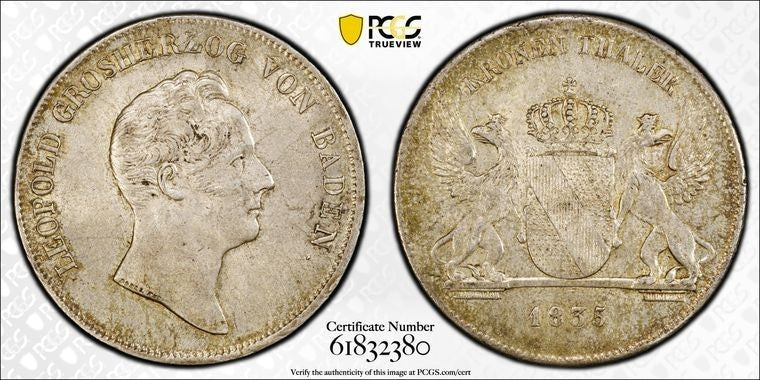 1835 Germany Baden 1 Thaler PCGS MS62 Lot#G3445 Silver! Top Graded! KM#195.2