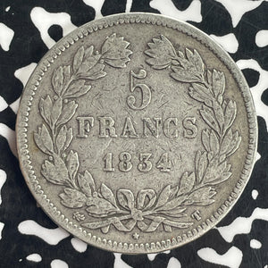 1834-T France 5 Francs Lot#T8303 Large Silver Coin!