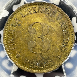 (c.1886) Guatemala 3 Reales Token PCGS MS61 Lot#G9205 Solo Top Graded! Brass