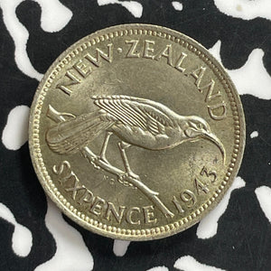 1943 New Zealand 6 Pence Sixpence Lot#C0050 Silver! High Grade! Beautiful!