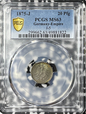 1875-J Germany 20 Pfennig PCGS MS63 Lot#G8207 Silver! Beautiful Toning! J-5