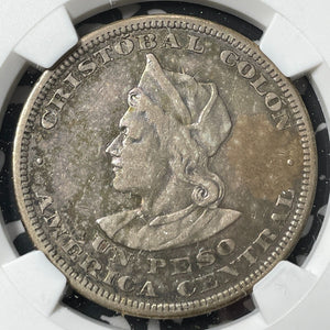 1904-CAM El Salvador Columbus 1 Peso NGC VF35 Lot#G8883 Large Silver!