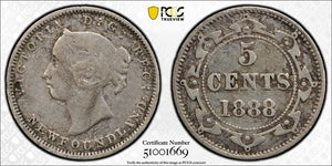 1888 Newfoundland 5 Cents PCGS VF30 Lot#G9840 Silver! Key Date! NF3 Dot