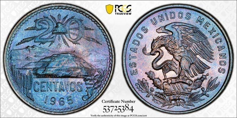 1965-Mo Mexico 20 Centavos PCGS MS66BN Lot#G3455 Gem BU! Beautiful Toning!