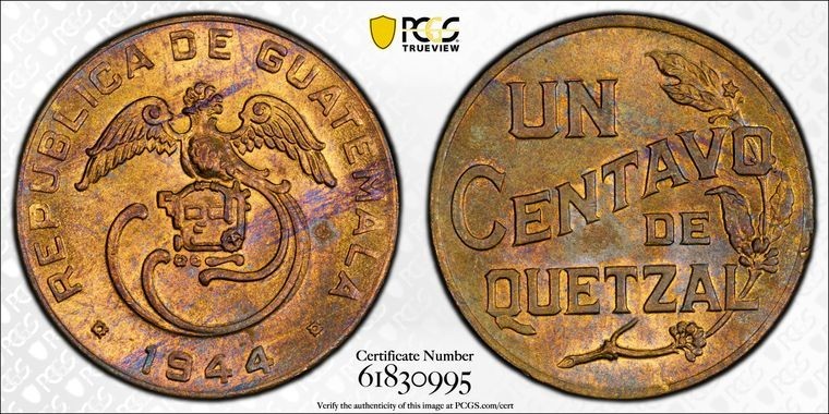 1944 Guatemala 1 Centavo PCGS MS64 Lot#G3491 Choice UNC!